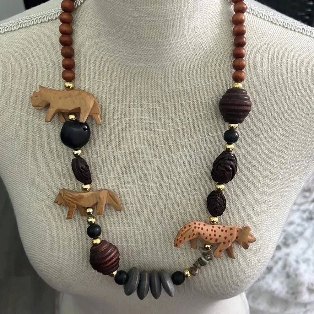 Vintage purple & Beige Beaded & Tribal Animal Statement Necklace